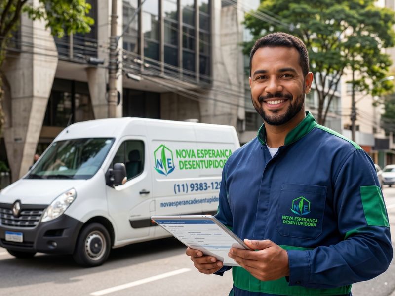 Técnico da Nova Esperança Desentupidora uniformizado segurando tablet em rua de São Paulo, com van branca de atendimento da frota própria ao fundo.