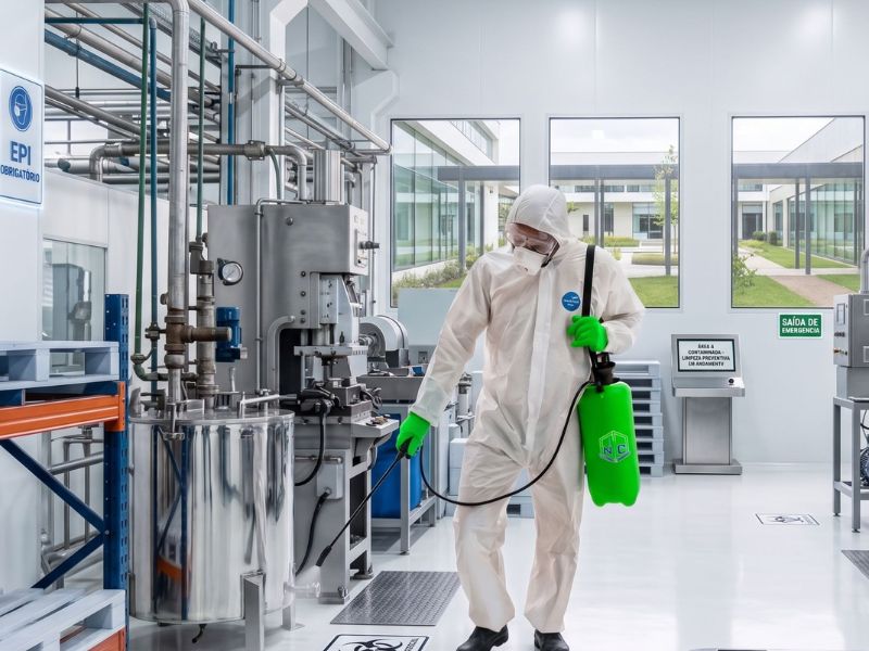 Profissional da Nova Esperança com traje de proteção EPI completo e pulverizador verde realizando serviço de sanitização e controle de pragas em um ambiente industrial moderno.